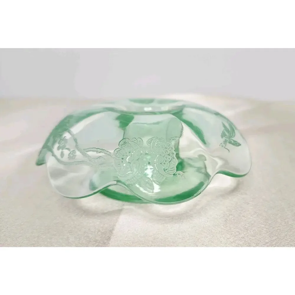 Vintage Paden City Peacock Wild Rose Green Glass Mushroom Candlestick READ
